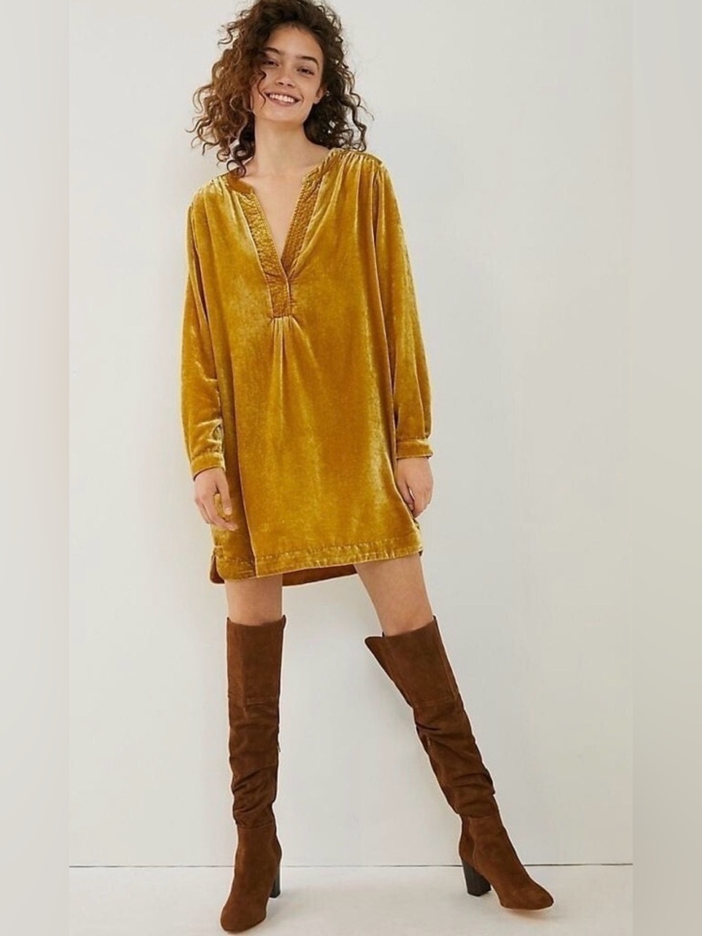 Anthropologie Marigold Yellow Crushed Velvet Fall Dress Large